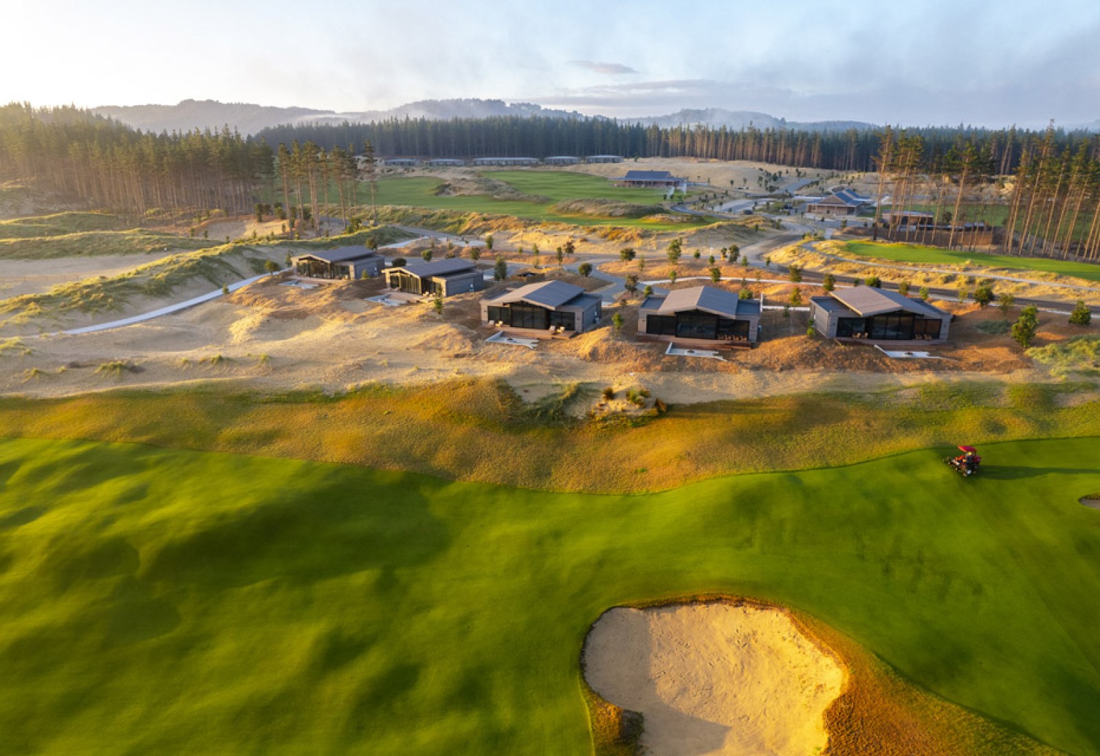 Aerial view of the Te Arai Links cottages and coastal course