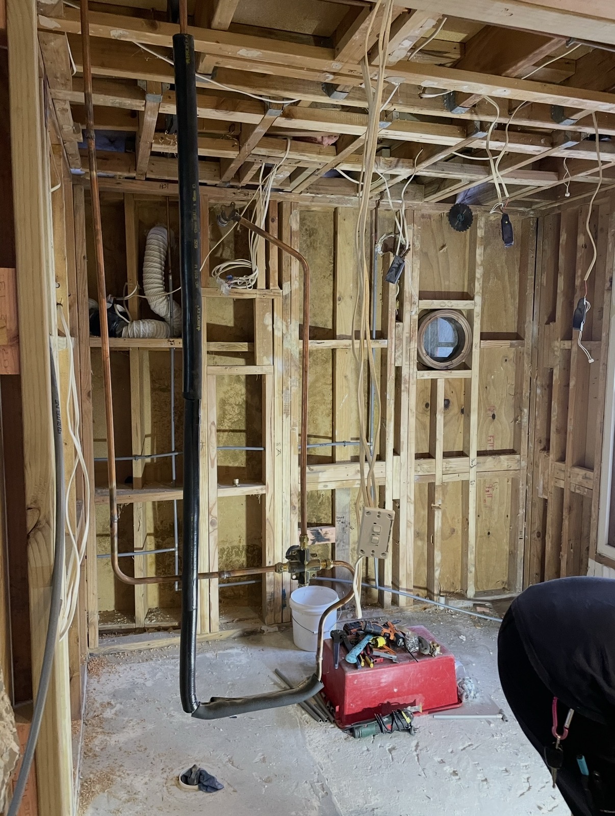 Bathroom strip-out, with the wall and ceiling framing exposed.