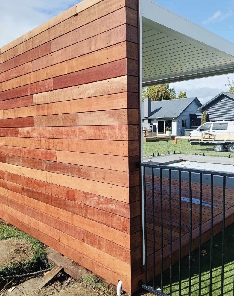 Completed horizontal timber cladding at Tamahere Poolhouse
