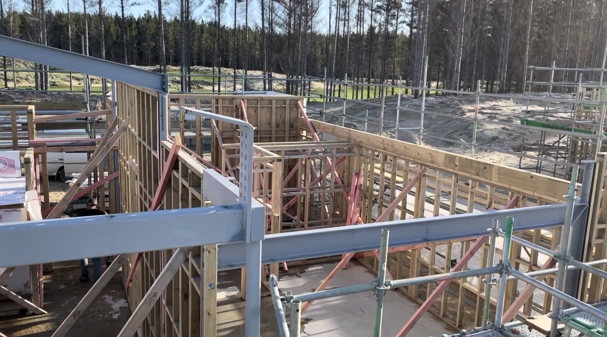 The cottages taking shape with structural steel and timber framing.